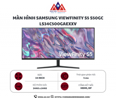Màn Hình SAMSUNG ViewFinity S5 S50GC LS34C500GAEXXV (34.0 inch/ WQHD/ VA/ 100Hz/ 5ms/ FreeSync/ HDR10)
