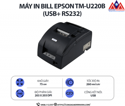 Máy in Bill Epson TM-U220B (USB) - In hóa đơn nhiệt, in khổ giấy k57/k76, cắt giấy tự động, độ bền cao