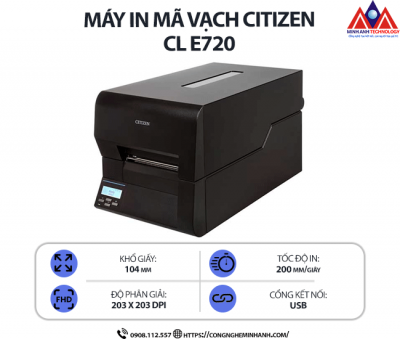 Máy in mã vạch Citizen CL-E720 - Độ phân giải 203 dpi, kết nối usb, tốc độ in 152mm/s, in nhiệt trực tiếp