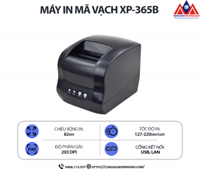 Máy in mã vạch Xprinter 365B - Độ phân giải 203 dpi, kết nối usb/lan, tốc độ in 220mm/s, in nhiệt trực tiếp