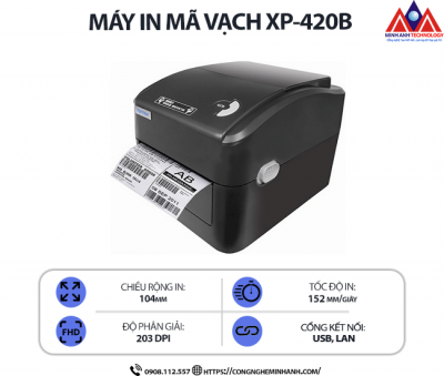 Máy in mã vạch Xprinter XP-420B (USB+LAN) - Kết nối USB/LAN, độ phân giải 203 dpi, tốc độ in 152mm/s, in nhiệt trực tiếp