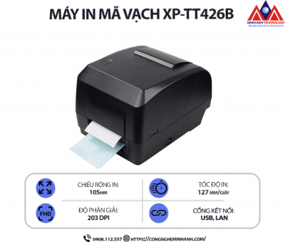 Máy in mã vạch Xprinter XP-TT426B (USB+LAN) - Độ phân giải 203 dpi, tốc độ 152mm/s, in nhiệt trực tiếp, kết nối USB