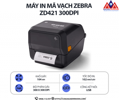 Máy in mã vạch Zebra ZD421 300DPI - Kết nối usb, tốc độ in 102mm/s, in nhiệt trực tiếp, độ phân giải cao