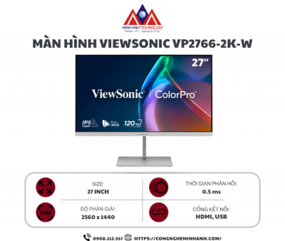 Màn Hình ViewSonic VP2766-2K-W (27 inch/ IPS/ 2K/ 120Hz/ 5ms/ Trắng/ Speaker/ USB Type-C)