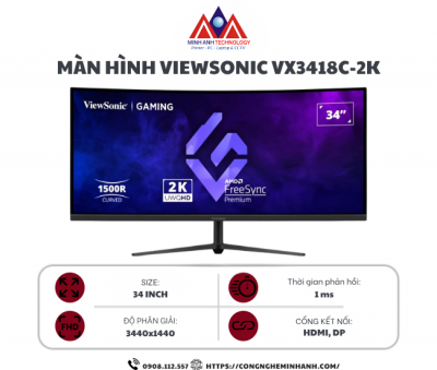 Màn hình gaming cong Viewsonic VX3418C-2K (34Inch/ UWQHD (3440x1440)/ 1ms/ 180Hz/ 250cd/m2/ VA/ Tích hợp loa)