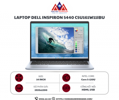 Laptop DELL Inspiron 14 5440 N5440-C5U161W11IBU (Ice Blue/ Intel Core 5 120U/ Ram 16GB/ 1TB SSD/ 14.0inch FHD+UMA/ Win 11/ Office Home 2024/ P185G001)