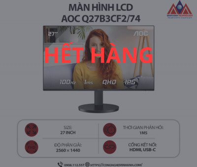 Màn hình máy tính AOC Q27B3CF2/74 (27 inch IPS/ 2560 × 1440/ 350 cd/m2/ 1ms/ 100Hz), bảo hành 24 tháng